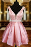 Deep V neck Pink Satin Beaded Waist Short Homecoming Dresses