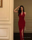Deep V Neck Red Sheath Long Prom Dress With Slit Halter Prom Dresses