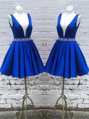 Deep V Neck Royal Blue Short Satin Prom Dresses, Royal Blue V Neck Short Formal Homecoming Dresses