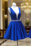 Deep V Neck Royal Blue Short Satin Prom Dress, Royal Blue V Neck Short Prom Homecoming Dresses