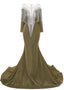 Deep V Neck Shiny Khaki Prom Dress Long sleeves Mermaid Prom Dresses