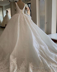 Deep V Neck Wedding Dress Ball Gown Lace Appliques