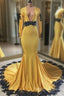 Deep V Neck Yellow Prom Dresses Black Lace Applique Evening Gown