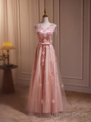 Delicate V-Neck Pink With Rhinestones Lace Appliques Prom Dress