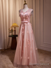 Delicate V-Neck Pink With Rhinestones Lace Appliques Prom Dress