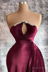 Designer Burgundy Velvet Long Sleeves Prom Dress With Train,Gala Dresses Elegant