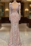Designer Pink V Neck Lace Mermaid Prom Dresses Prom Gown With Long Sleeves