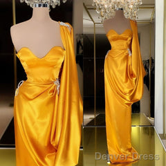 Designer Yellow Gold One Shoulder Long Evening Prom Dress With Ruffles