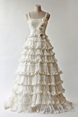 Diamond White A-Line Spaghetti Strap Lace Tulle Long Prom Dress Simple Wedding Dress