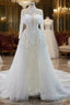 Discover The Latest White Mermaid Tulle High Neck Pearls Wedding Dresses With Removable Train