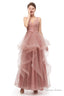 Double V Neck Beaded Applique Layered Tulle Prom Dresses