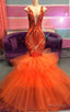 Black Girl Prom Dress, Orange Mermaid Lace Appliques Prom Dresses, Tulle Ruffles Sexy V Neck Cheap Prom Gown