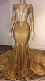 Black Girl Prom Dress, Open Back Gold Prom Dresses, Cheap With Choker Long Sleeve Mermaid V Neck Sexy Prom Gown With Crystals