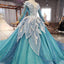 Blue Princess Sparkle Frost Fairy Queen Costume Wedding Dresses, Bridal Ball Gowns Long Sleeve Long Train Cosplay Off The Shoulder