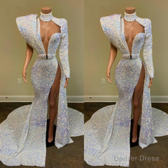 Gorgeous Sequin Long Mermaid Prom Dresses, 2025 Sexy High Slit Sheer High Neck Single Long Sleeve African Black Girl Prom Dress
