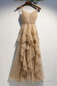 A Line Champage Spaghetti Straps Ruffles Tulle Prom Dresses, Lace Up Prom Gown