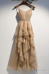 A Line Champage Spaghetti Straps Ruffles Tulle Prom Dresses, Lace Up Prom Gowns