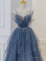 Blue Sweetheart Tulle Sequin Long Prom Dress, Blue Evening Dress