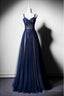 Navy Blue Tulle V Neck Long Women Prom Dress, Lace Up Prom Dresses