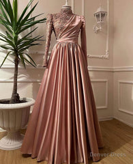 Rose Gold Silver Prom Dress, Long Sleeves Dubai Evening Dresses, Muslim Women Wedding Party Gowns 2025 Elegant Silver Grey Arabic Engagement