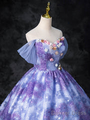 Dreamy Colorful Flowers Purple/Blue Prom Dress, Fairy Off The Shoulder A-Line Princess Party Gown