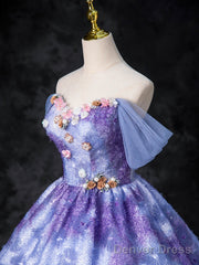 Dreamy Colorful Flowers Purple/Blue Prom Dress, Fairy Off The Shoulder A-Line Princess Party Gown