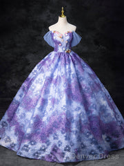 Dreamy Colorful Flowers Purple/Blue Prom Dress, Fairy Off The Shoulder A-Line Princess Party Gown