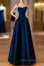 Dreamy Dark Blue Spaghetti Straps Satin Prom Dresses