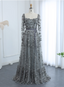 Dreamy Grey A-Line Square Neck Long Sleeve 3D Floral Sequin Tulle Long Prom Dresses Evening Dresses