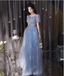 Dreamy Light Blue Square Neck Puff Sleeve A-Line Embroidered Sequined Tulle Long Prom Dresses Evening Dresses