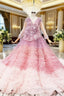 Dreamy Pink Ball Gowns V Neck Long Sleeve Tulle Pleats Appliques Wedding Dresses