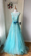 Dreamy Princess Blue A-Line Round Neck Sequined Tulle Long Prom Dresses Evening Dresses