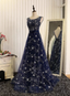 Dreamy Starry Sky Navy Blue A-Line Crew Neck Star-Patterned Tulle Train Prom Dresses Evening Dresses