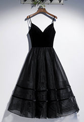 Black Velvet Tulle Short Prom Dresses, A-Line Party Dresses