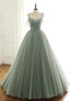 Green Tulle Long Prom Dress, A Line Spaghetti Straps Prom Dresses