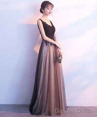 Black Tulle V Neck Long Prom Dress Black Evening Dress