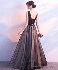Black Tulle V Neck Long Prom Dress Black Evening Dress