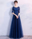 Blue Tulle Lace Long Prom Dress, Lace Prom Dresses