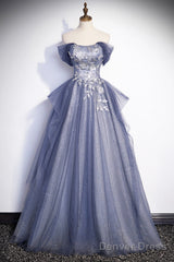 Dusty Blue Off The Shoulder Lace Long Prom Dress, A-Line Shiny Tulle Evening Dress