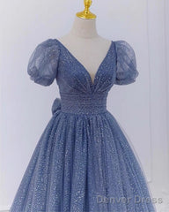 Dusty Blue Princess Sparkly Prom Dresses With Sleeves