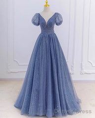 Dusty Blue Princess Sparkly Prom Dresses With Sleeves