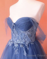 Dusty Blue Prom Dresses Tulle Corset Appliques