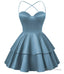 Dusty Blue Satin Homecoming Dress Sweetheart Neck Tiered Short Graduation Dresses