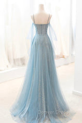 Dusty Blue Sparkly Tulle Long Prom Dresses, A-Line Spaghetti Strap Evening Dresses