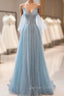 Dusty Blue Sparkly Tulle Long Prom Dresses, A-Line Spaghetti Strap Evening Dresses