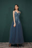 Dusty Blue Tulle A Line Low back Spaghetti strap Prom Dresses