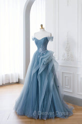 Dusty Blue Tulle Floor Length Prom Dresses, Blue Off the Shoulder Removable Sleeve Evening Dresses