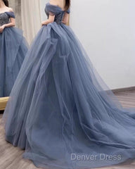 Dusty Blue Tulle Prom Dresses Off Shoulder
