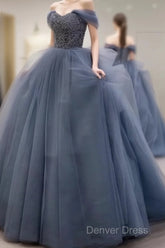 Dusty Blue Tulle Prom Dresses Off Shoulder