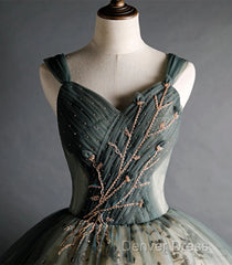 Dusty Green Ball Gown Beaded Tulle Formal Dresses, Ball Gown Sweet 16 Dresses